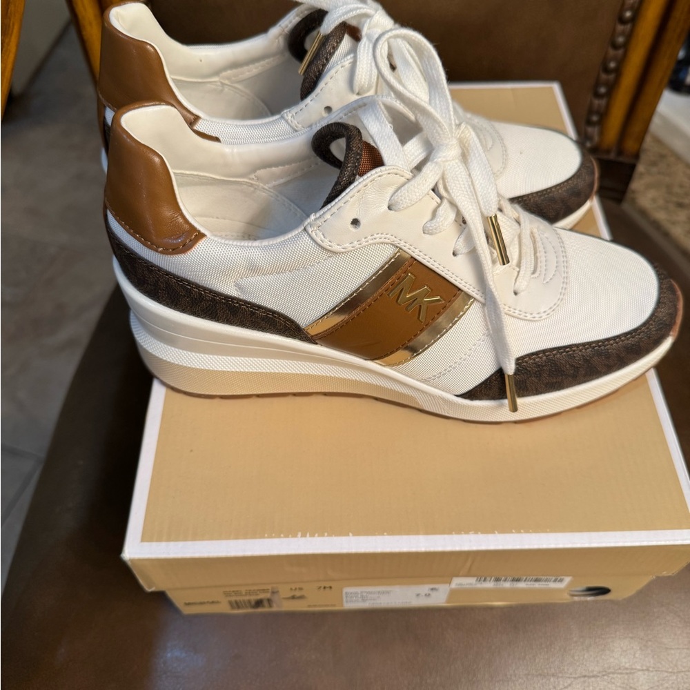 Michael Kors White and Brown Sneakers with Gold Accents